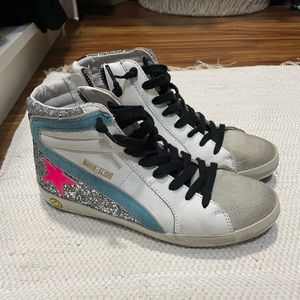 Golden goose kids slides pink and blue glitter leather high-top sneakers eu35